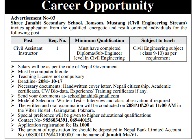 Civil Assistant Instructor Jobs In Nepal | A Reputed School